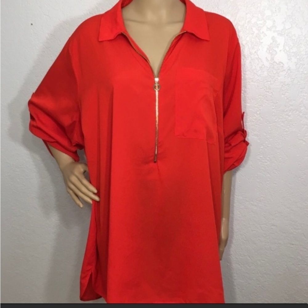 Calvin Klein Red 3/4 Zip Up Blouse 2X